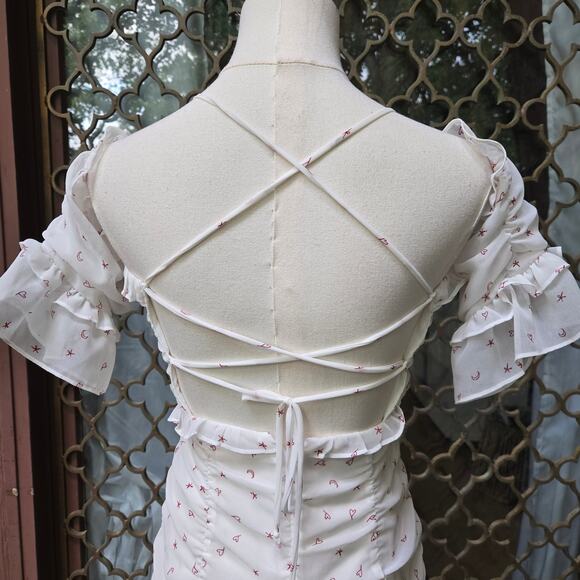 For Love & Lemons La Brooke Coquette Moon Stars Hearts Mini Ruffle Dress S - Picture 7 of 12